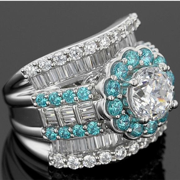 Silver Cocktail Ring Engagement Ring Round CZ Center with Halo, White & Blue CZ - Picture 5 of 16